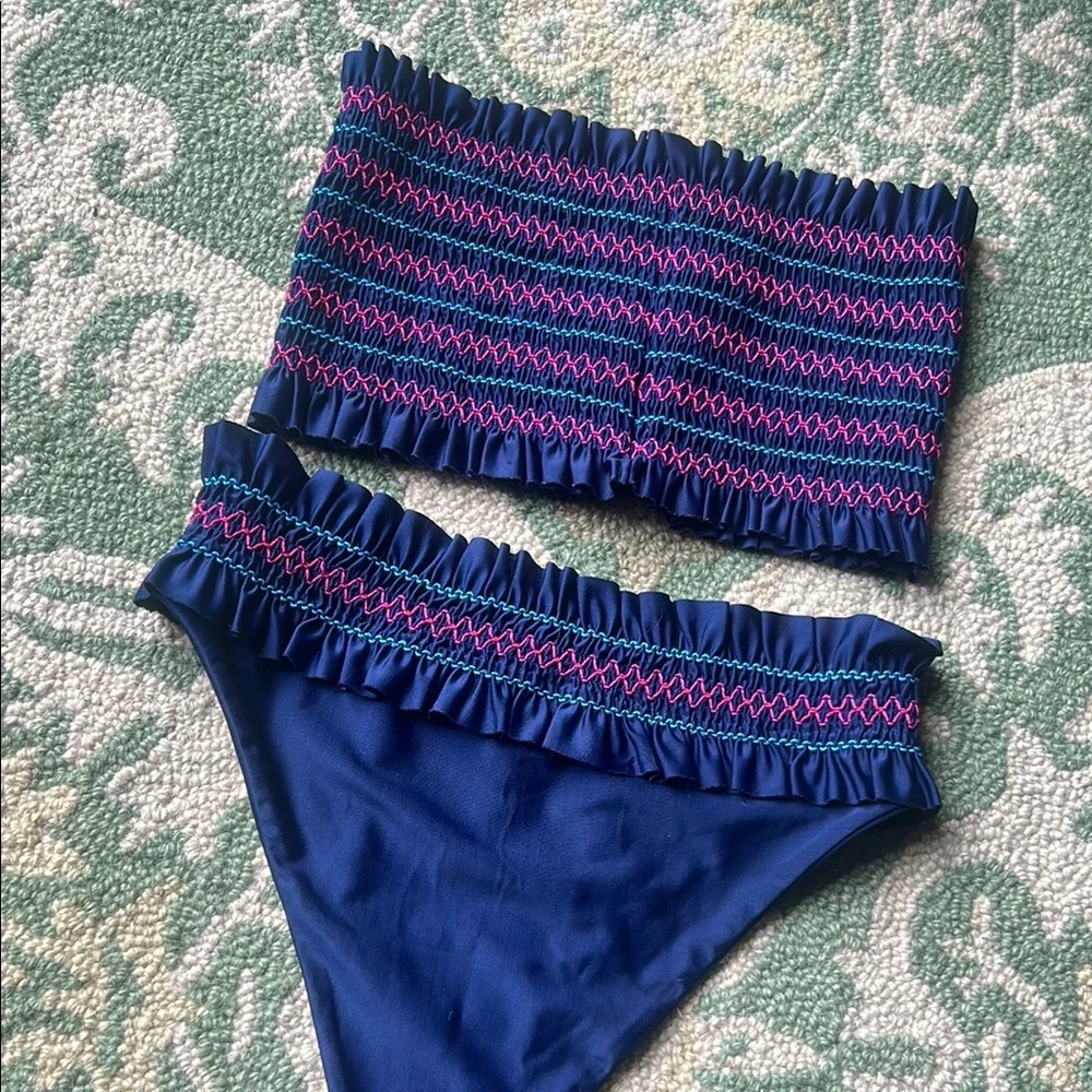 Mosmann Australia Navy Smocked Strapless Bikini Set Size Small‎